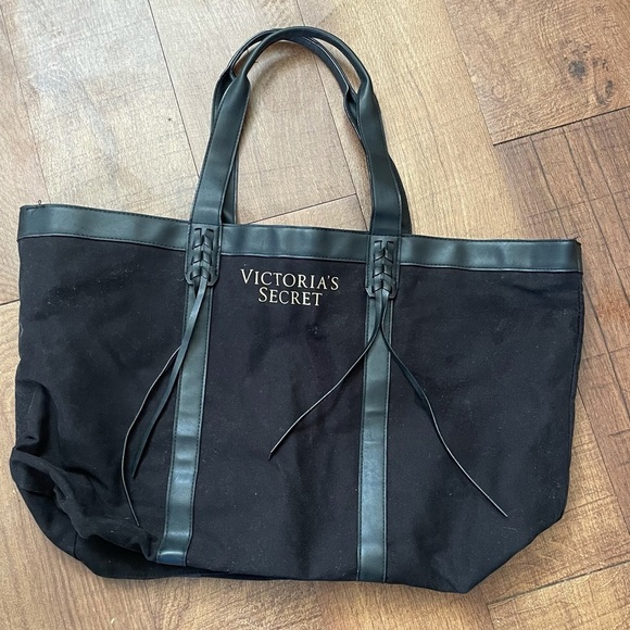 Victoria’s Secret open top cloth & faux leather tote beach travel bag - Picture 1 of 8